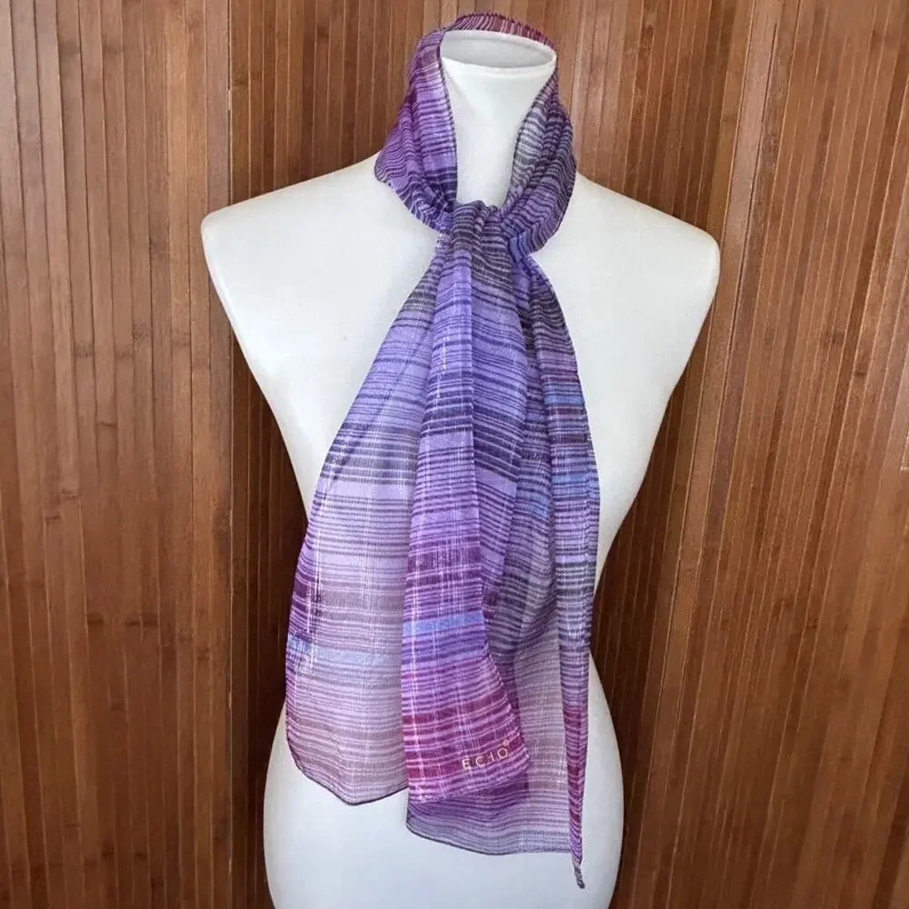 Vintage 90s Echo Purple Metallic Stripe Silk Scarf